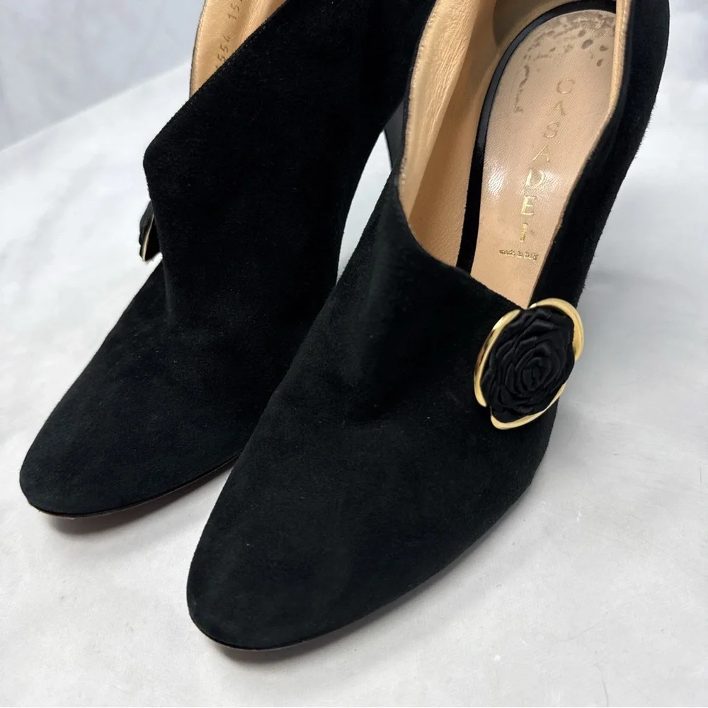 CASADEI Vintage 90s Y2K Rosette Suede Heeled Ankle Bootie Boots Black Retro 9.5